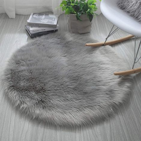 Tapis rond gris en fausse fourrure - Doux et antidérapant, idéal pour le salon, la chambre, le canapé et le yoga - 45 x 45 cm (1/5)