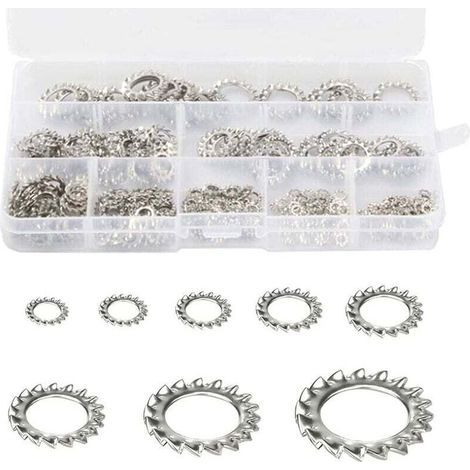 Rondelles de Verrouillage des Dents 300 pièces Rondelle Frein Inoxydable Rondelles Dentées Rondelles de Blocage Rondelles Dentées Externes Assortiment Ensemble (M2,5 M3 M4 M5 M6 M8 M10 M12) (1/5)