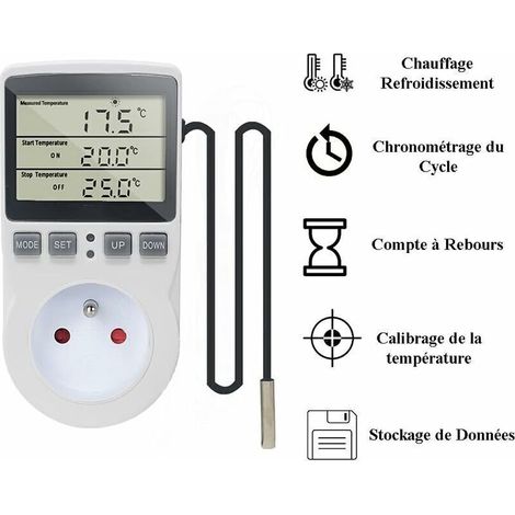 Prise Thermostat Regulateur de Temperature Numerique 220V Chauffage Refroidissement avec Sonde, LCD Prise Contrôleur de Température pour Frigo Incubateur Serre Ventilateur (1/3)