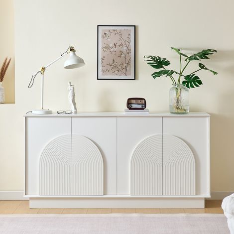 Madia bassa 160 cm, mobile contenitore per soggiorno e sala da pranzo, design moderno in MDF con 4 ante scolpite ad arco, Bianco (1/5)