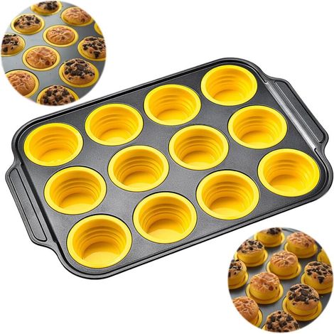 Molde de silicona para muffins, 12 cavidades, con rejilla metálica, antiadherente para facilitar su desmoldado, ideal para hornear muffins, panes, cupcakes y bocaditos de huevo caseros. Libre de BPA. (1/4)
