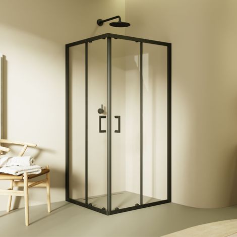 Mampara de ducha 80x80x200 cm DIANA, reversible, puertas correderas, ajuste 77.5-79.5 x 77.5-79.5 cm, perfiles negro mate, cristal transparente 6 mm (1/5)