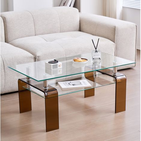 2-stufiger Couchtisch aus gehärtetem Glas, 100 x 55 x 45 cm, transparent/braun, OKMYHOME (1/5)
