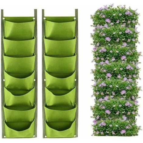 Hängende Pflanztaschen, 2er-Pack, 7 Taschen, vertikal hängende Wandpflanzer, Pflanztaschen für drinnen und draußen, Gartenarbeit, vertikaler grüner Blumentopf (grün)