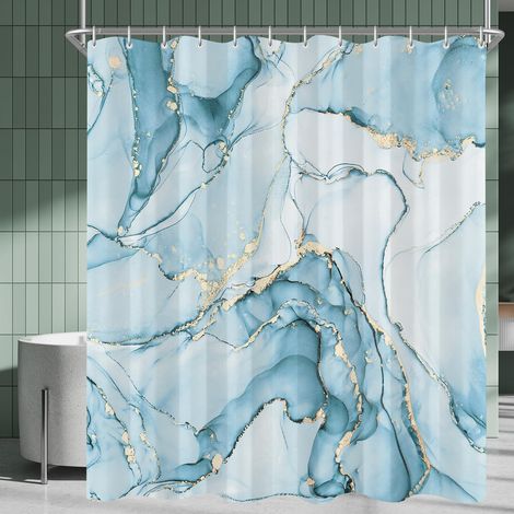Rideau de douche 120 x 200 cm - Marbre bleu clair - Ourlet lesté - Anti-moisissure - Imperméable - Lavable - En polyester - Avec 8 œillets et anneaux de rideau de douche - Pour salle de bain (1/5)