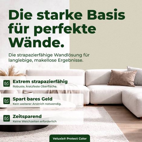 Vliestapete Vliestapete farbig – PROTECT COLOR Hellgrün, 10,05 m x 0,53 m, kein Anstrich notwendig, kratz- & stoßfest, rissüberbrückend, Made in Germany – Veluxis