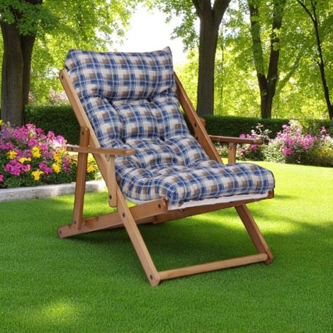 Poltrona in legno pieghevole 3 posizioni - cuscino tessuto Blu Scozzese (1/5)