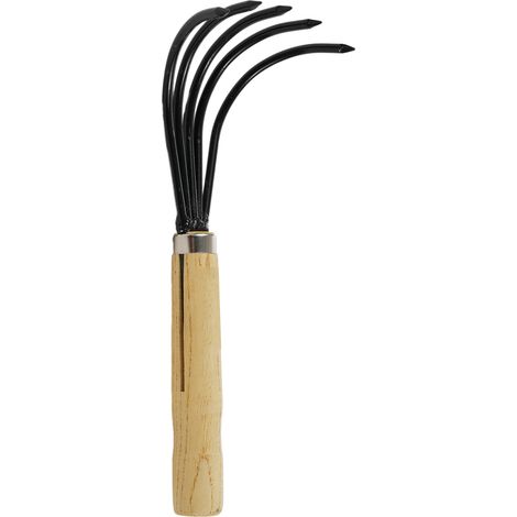 Râteau à main à 5 griffes avec manche court en bois, outil de jardinage indéformable, idéal pour ameublir ou désherber le sol. (1/2)