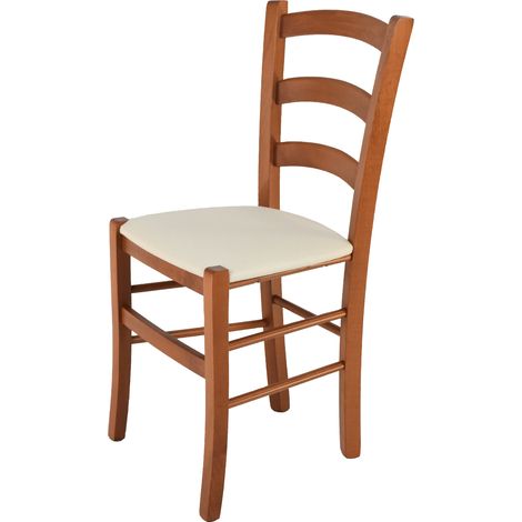Tommychairs - Chaise VENICE pour cuisine, bar et salle à manger, robuste structure en bois de hêtre peindré en couleur cerisier et assise rembourrée et revêtue en tissu couleur ivoire (1/5)