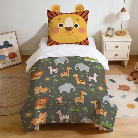 Parure de lit pour enfant - 135 x 200 cm - En microfibre douce - Motif lion - Avec fermeture éclair - Housse de couette et 1 taie d'oreiller de 80 x 80 cm - Cadeau pour garçon (1/5)