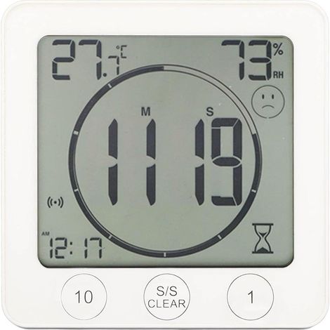 Minuteur de salle de bain étanche - horloge murale numérique à compte à rebours, horloge magnétique de cuisine avec affichage de la température et de l'humidité. (1/5)