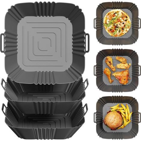 3Pcs Moule Silicone Air Fryer, Réutilisable Accessoires pour Friteuse à Air, Rectangle Panier Friteuse en Silicone, Anti-Adhésive Doublures de Pot pour Airfryer, Micro-Ondes, Moule à Gâteau (1/5)