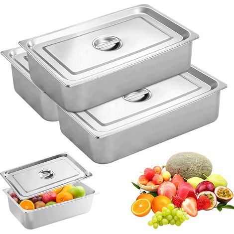 Plat Four Inox, 3 Pièces Bac Gastro Inox Alimentaire, 32,5 x 17,5 x 6,5cm Plat four Rectangulaire, avec Couvercle Empilable Pour Cuisson Conservation Cuisine Réfrigérateur (1/5)