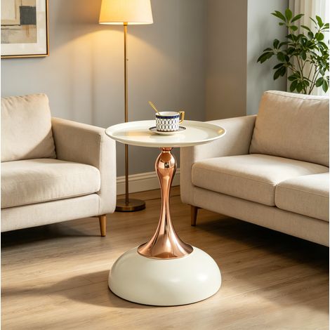 Table d’appoint ronde 38 cm blanc et doré en acier au carbone avec base métallique, compacte et polyvalente (1/5)