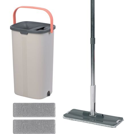 Relaxdays Flachmopp Set, 5L Eimer mit Wringfunktion, 2 Kammern, Schabezähne, HBT: 39x19x24,5cm, 2x Mikrofaser-Pads, grau (1/5)