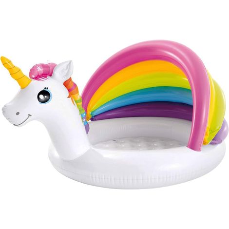 Piscina gonfiabile con misura 127x102x69 cm a forma di Unicorno - Piscinetta per bambini in Pvc con parasole arcobaleno (1/4)