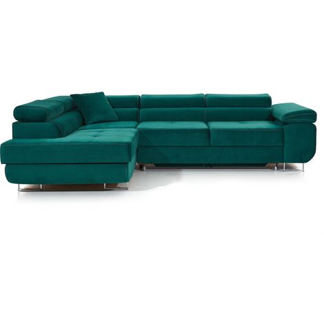 Canapé d'angle gauche convertible velours vert sapin Ane 275 cm (1/5)