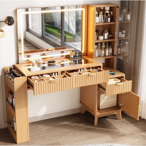 Tavolo da trucco con specchio a LED, 2 prese elettriche, porte USB e USB-C, 3 cassetti, anta e ripiani in vetro, MDF naturale. (1/5)