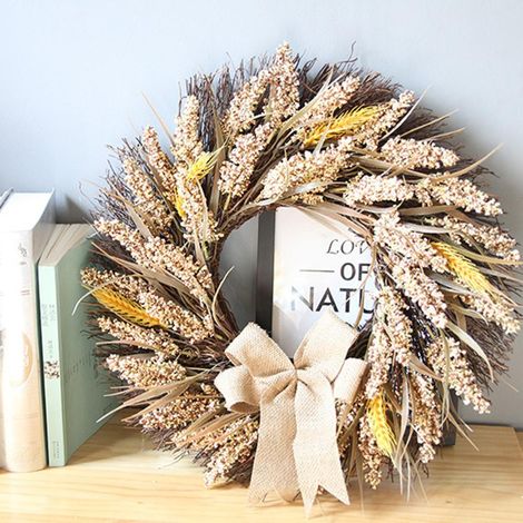 Couronne d'automne de 50 cm pour porte d'entrée, couronne de Thanksgiving avec branches et épis de blé artificiels, décoration de porte automnale pour les récoltes
