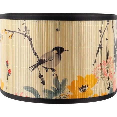 Bamboo Drum Lampshade with Floral Print, Easy Click Closure for Table Lamp, Bedroom and Living Room - Medium Size (Diameter 30cm) (Flowers 1) (1/5)