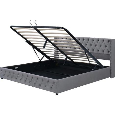 Cama con almacenaje tapizada gris 140x200 cm con somier de lamas, cabecero capitoné, MODENUIT (1/5)
