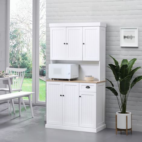Hohes Küchen-Sideboard mit Schränken, Schublade und Mikrowellenfach, schmaler Vorratsschrank mit Türen und verstellbaren Einlegeböden, für Wohn- und Esszimmer, 101 x 39 x 180 cm, Weiß
