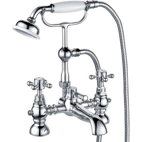 Traditional Bathroom Bath Shower Mixer Tap and Kit - Crosshead Handles - Chrome
