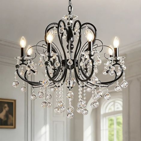 Fuleadture Lustre en cristal, suspension à 8 lumières en cristal K9, culot E14 / éclairage tricolore — Lustre classique style bougie pour îlot central de cuisine de style ferme, salon et salle à mange