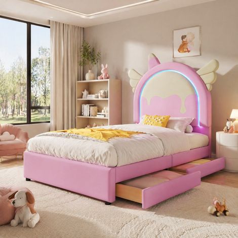 MEUBLIV Lit 90x200 cm rose – tête de lit licorne, 2 tiroirs, sans matelas (1/5)