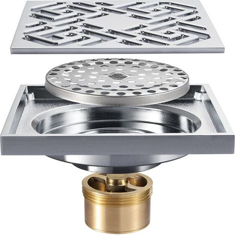 Siphon de Sol - Siphon de Douche Carré en Laiton 100 mm - Pour Salle de Bain Cuisine Piscine Sous-sol - Couvercle Amovible avec Filtre et Noyau Déodorant - 1 Pièce