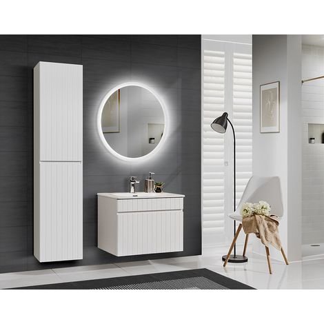 Badmöbel Set mit 60cm Waschtischunterschrank und Keramik Waschbecken IRAKLIO-56 in weiß matt, LED-Spiegel und Hochschrank, B/H/T: ca. 115/200/46 cm (1/5)