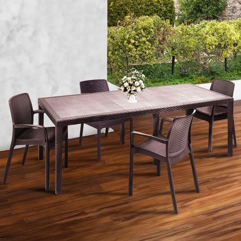 Ensemble Table et chaises Manarola, étagère rectangulaire d'extérieur Extensible avec 4 chaises incluses, Table et sièges de Jardin Effet rotin, Marron (1/5)