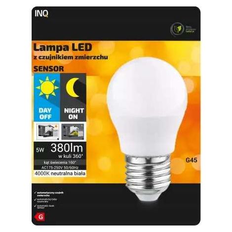 Ampoule LED G45 E27 5W 4000K 380lm avec détecteur crépusculaire (1/4)