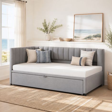 DESMIU Lit banquette 90 × 200 cm 1 place avec lit gigogne, dossier et tête de lit, sans matelas, en velours gris (1/5)