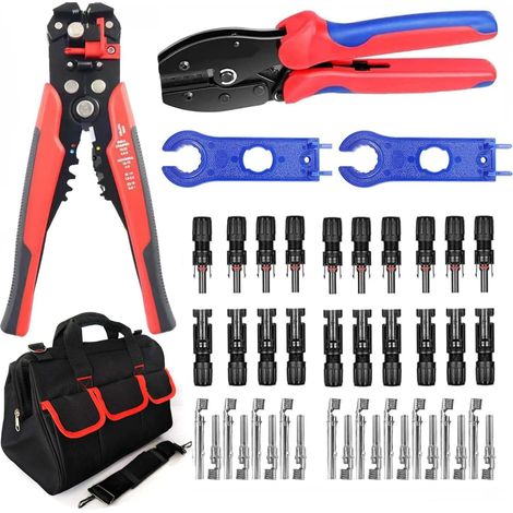 Kit d'outils de sertissage, connecteur de câble, 1 pince à sertir, pince à dénuder auto-ajustable de 20,3 cm, 10 paires de connecteurs de panneau solaire, 1 sac (1/5)