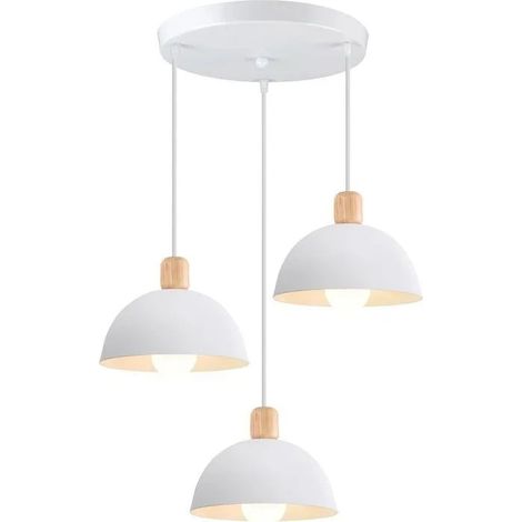 3 Lampes Suspension Luminaire Moderne 20cm Lustre Suspension Rétro Style Scandinave Plafonnier Abat-jour en Bois Métal,Blanc (1/5)