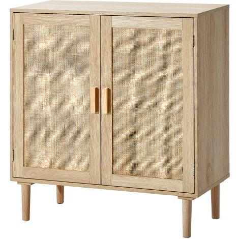 Aparador de Ratán de 800 x 375 x 880 mm con 2 Puertas Magnéticas y Estantes Ajustables, Armario de Ratán Aparador Tipo Buffet para Pasillo, Entrada, Sala de Estar o Cocina, Color Madera (1/5)