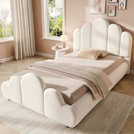 BATDTECH - Cama infantil 90x200 cm, Cama individual con cabecero acolchado, Diseño de nube con esquinas redondeadas, Tapizado en terciopelo beige, sin colchón