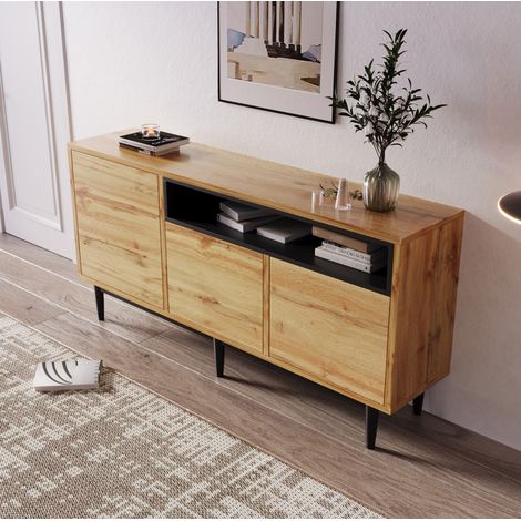 Aparador moderno 160 x 35 x 76 cm, 3 puertas, estantes regulables, negro y madera DESVIAE (1/5)