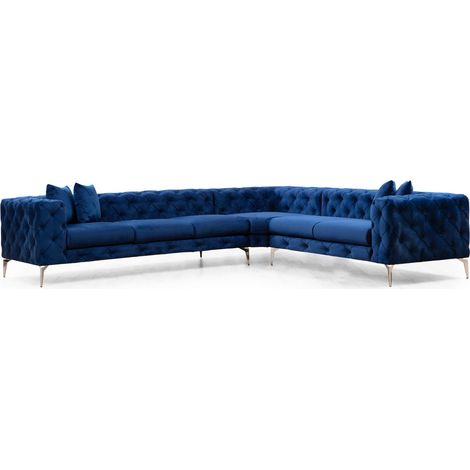 Canapé d'angle gauche capitonné velours bleu marine et pieds chromés Herakles 270cm (1/5)