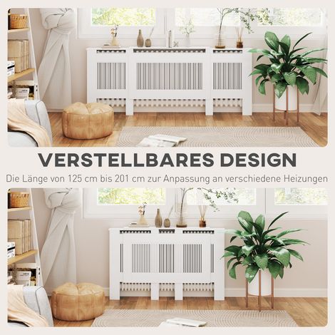 Cache-radiateur à lattes réglable 125-201 cm, MDF blanc, panneau décoratif pour chauffage
