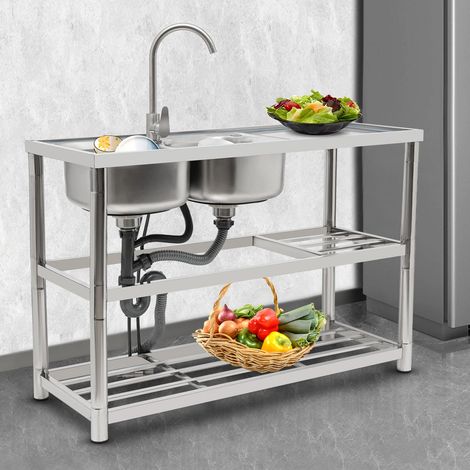 Freistehend Küchenspüle Spültisch 2 Becken Rechts Gastrospüle Waschtisch Edelstahl Kommerzielle Restaurant Spüle 120x80cm