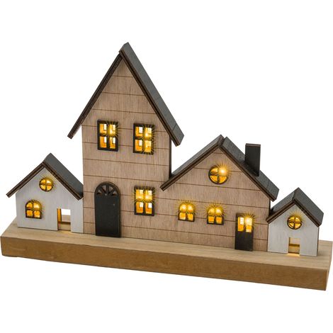 LED Weihnachts Stadt Aufsteller aus Holz - 30 x 20 cm - Deko Häuserzeile warm weiß beleuchtet - Weihnachtsdorf Skyline Silhouette