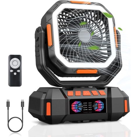 Beyamis Ventilateur de camping portable rechargeable avec batterie 40 000 mAh, télécommande, lumière LED, 4 vitesses de ventilation puissante et 3 couleurs d'éclairage. (1/5)
