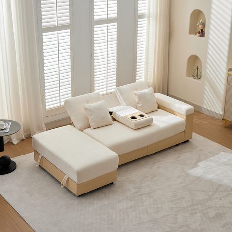 Sofá cama 217/110/90 cm beige en chenilla con almacenaje, 2 cajones y respaldo regulable (1/5)