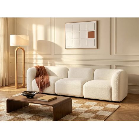Canapé 3 places modulable en tissu bouclette blanc cassé DANEPI (1/5)