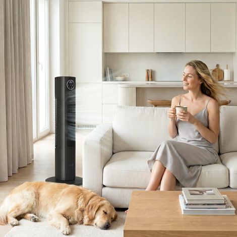 Leiser Turmventilator (28 dB), 8 m/s Luftgeschwindigkeit, Turmventilator fürs Schlafzimmer, 12 Geschwindigkeitsstufen, 4 Modi, 12-Stunden-Timer, schwarz