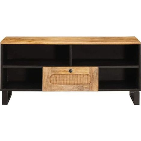 Meuble TV en Bois Massif de Manguier, Style Industriel Vintage, Console Basse avec Rangements, 100 x 33 x 46 cm, Couleur Marron Chaud (1/5)