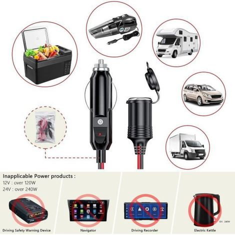 4M Rallonge Allume-Cigare,12V/24V Prise allume-cigare avec Fusible 15A/16 AWG, pompes de gonflage de pneus, d'aspirateurs de (1/4)