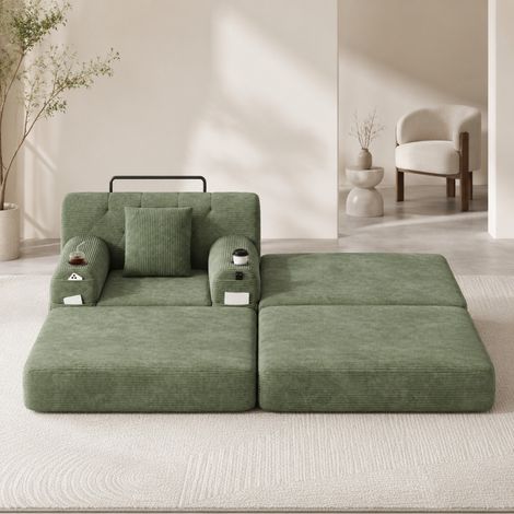 Poltrona convertibile 1 posto 107x162x81 cm verde con poggiapiedi, velluto a coste, MEUBLIV (1/5)